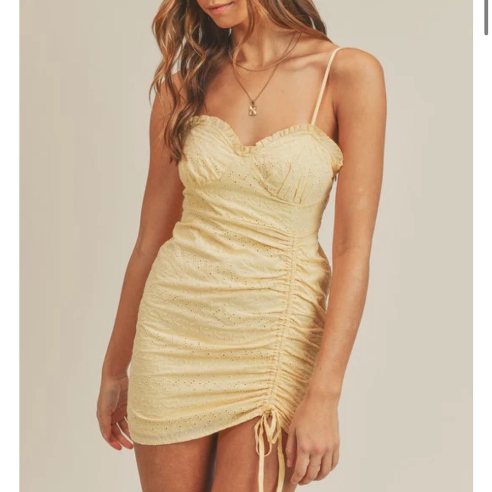 Mable Pastel Yellow Floral Eyelet Ruched Drawstring Mini Dress Size Small